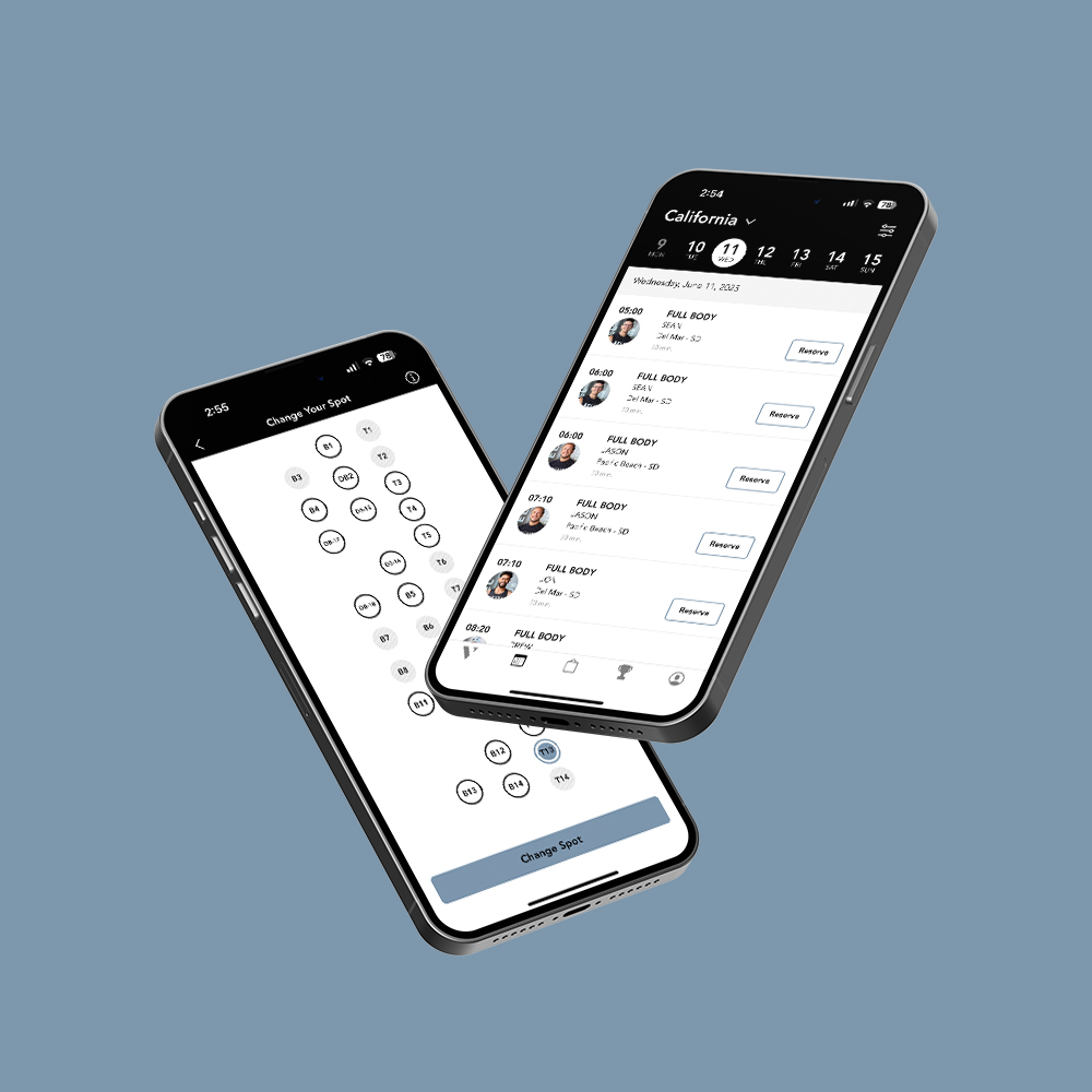 REVEL app screens for booking a class and choosing a spot