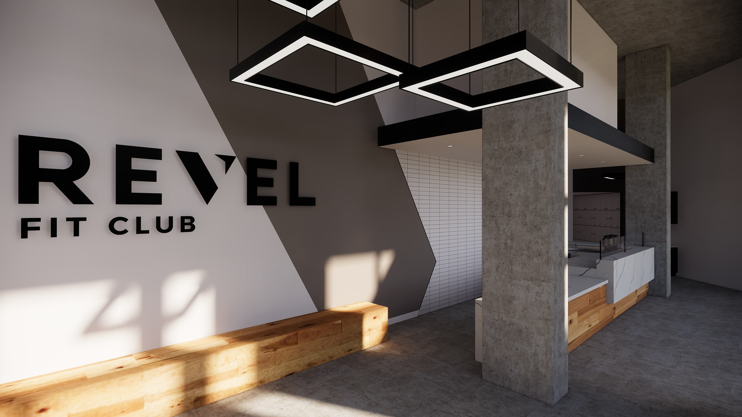 REVEL Fit Club lobby with a wood bench and illuminated REVEL sign